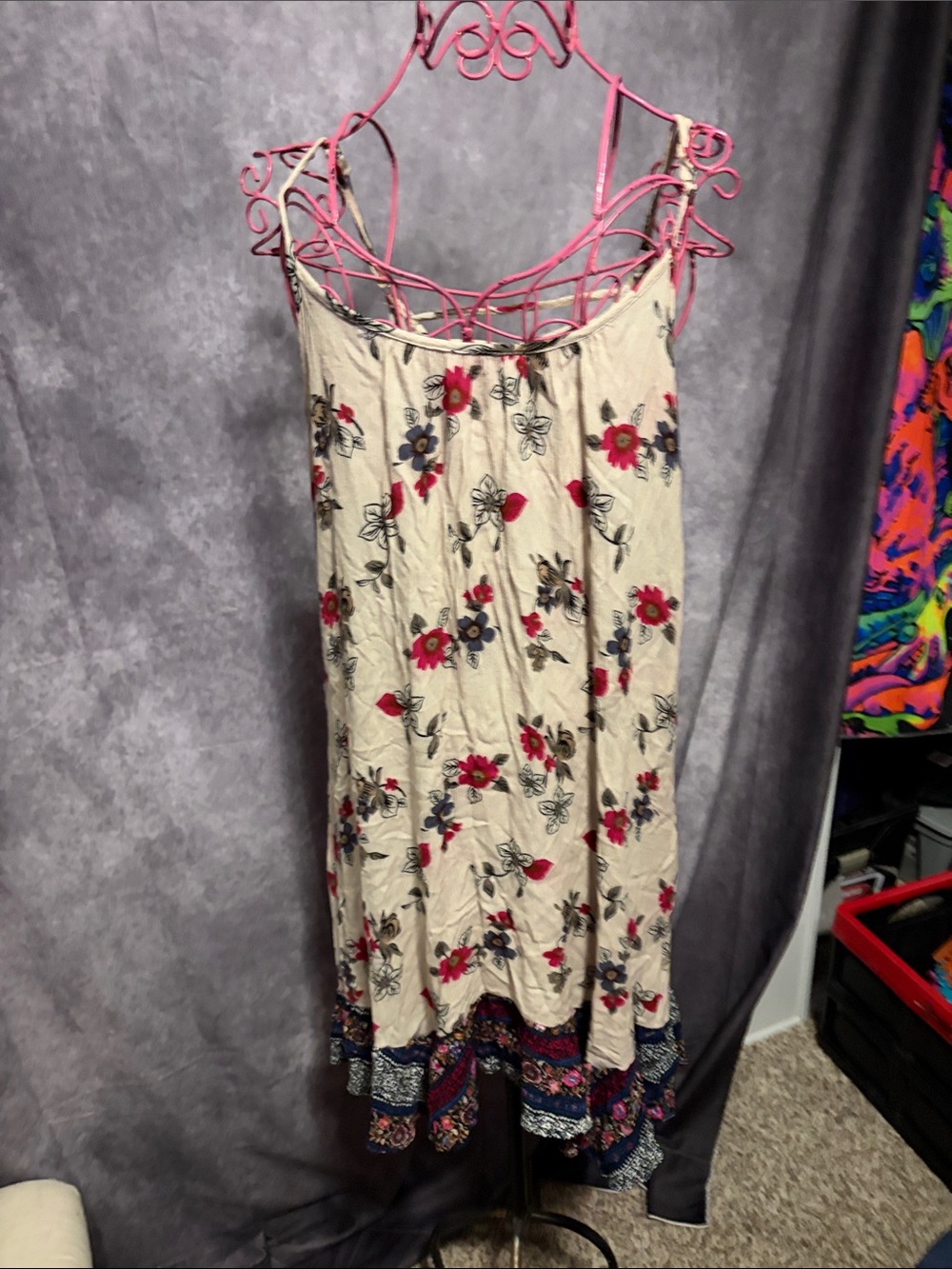Exist Beige Floral Midi Dress with Red & Blue Accents